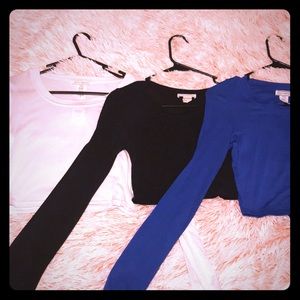 3 long sleeve Crop Tops #White/Black/RoyalBlue
